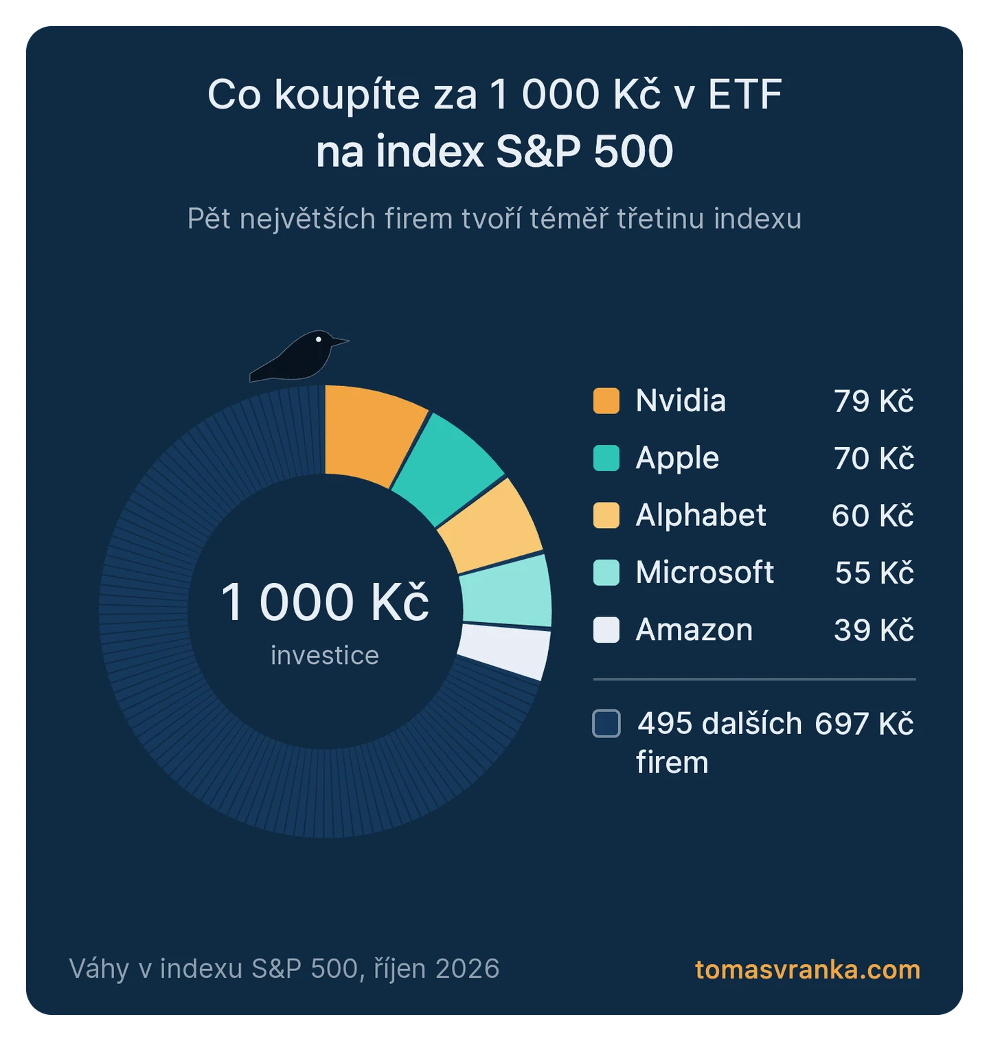 Co koupíte za 1 000 Kč v ETF na S&P 500, rozdělení podle firem